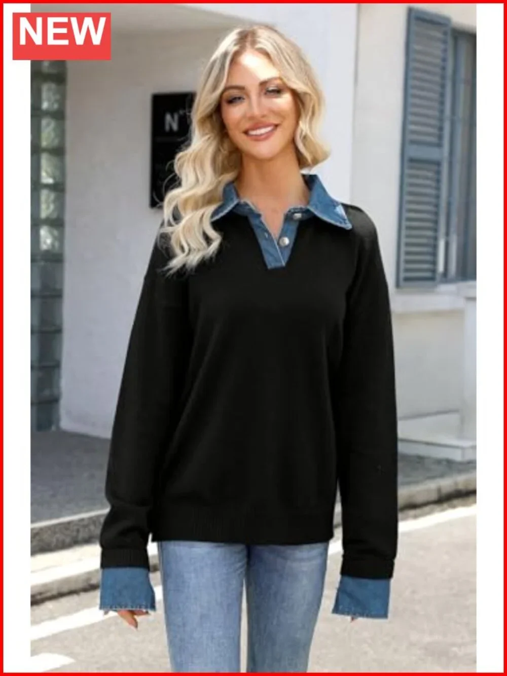 Oversized Knit Sweater Denim Polo Collared V-Neck Pullover